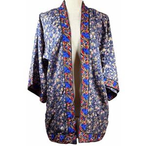 La Lo La 100% Silk Floral Kimono Jacket Embroidered Trim Pockets XS Bohemian